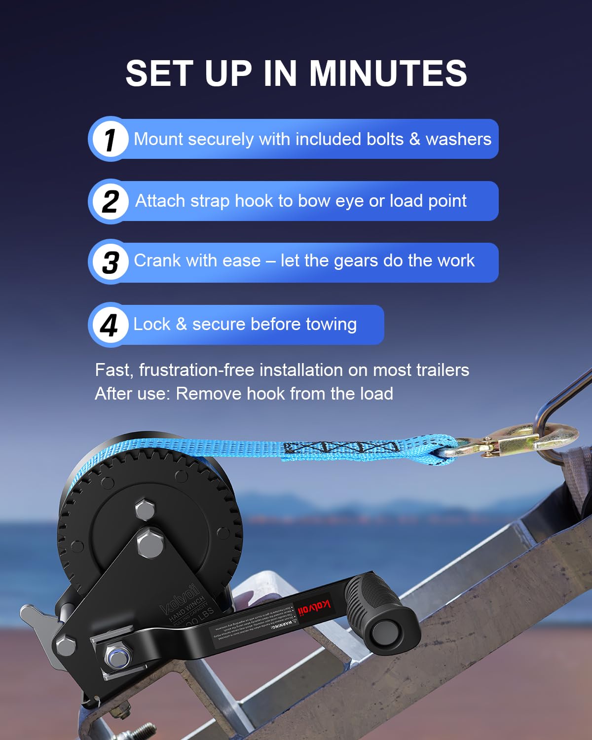 Kolvoii versatile winch for boats, trailers, jets skis, and more.