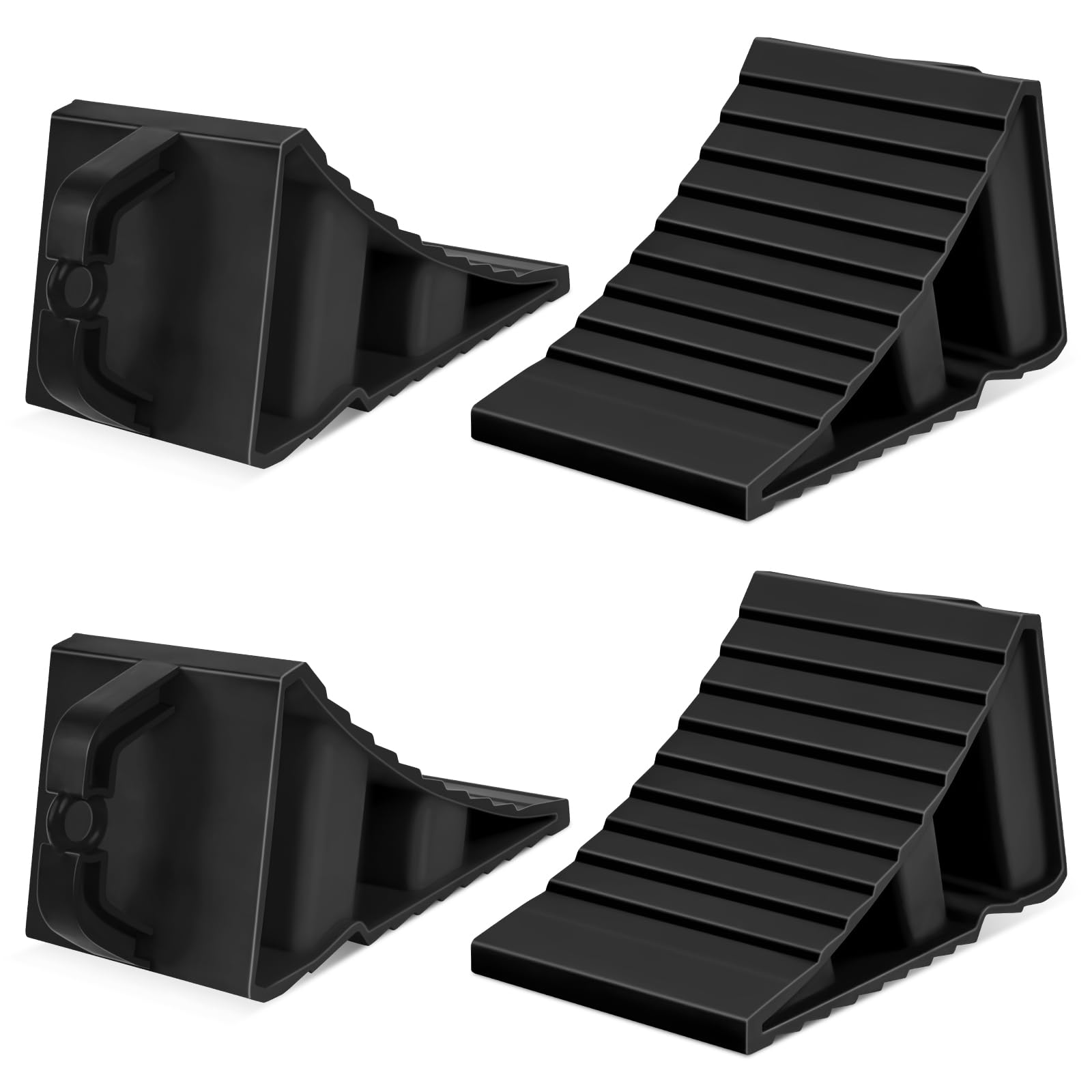 Komokeru 4-pack RV wheel chocks with handle for quick removal.