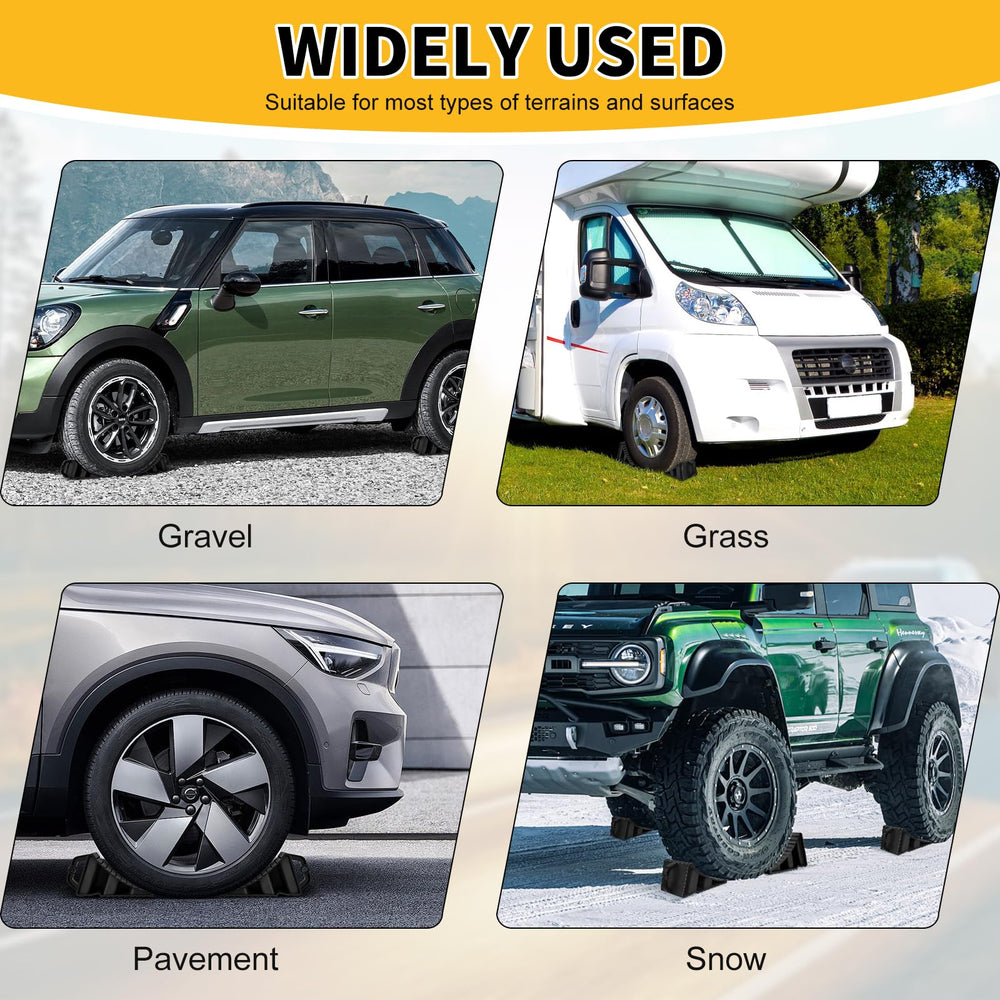 Komokeru chocks used on mud, gravel, and pavement for versatility.