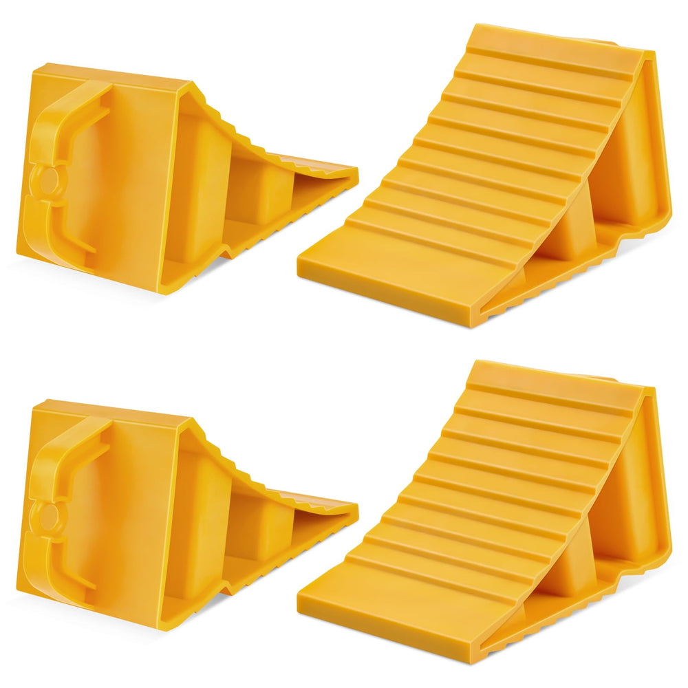 Komokeru wheel chocks with bright yellow handle for quick removal.