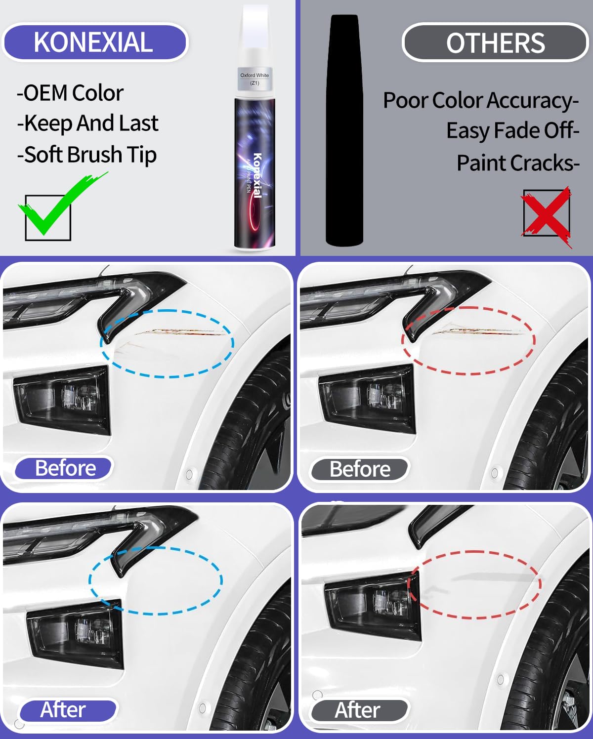 Konexial Ford scratch repair pen enables precise application on small chips.