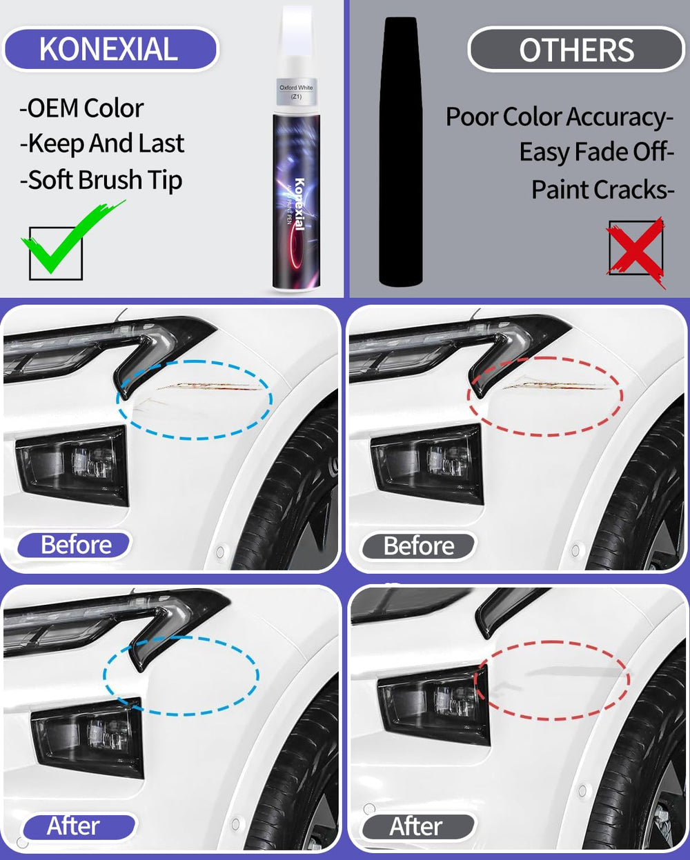 Konexial Ford scratch repair pen enables precise application on small chips.