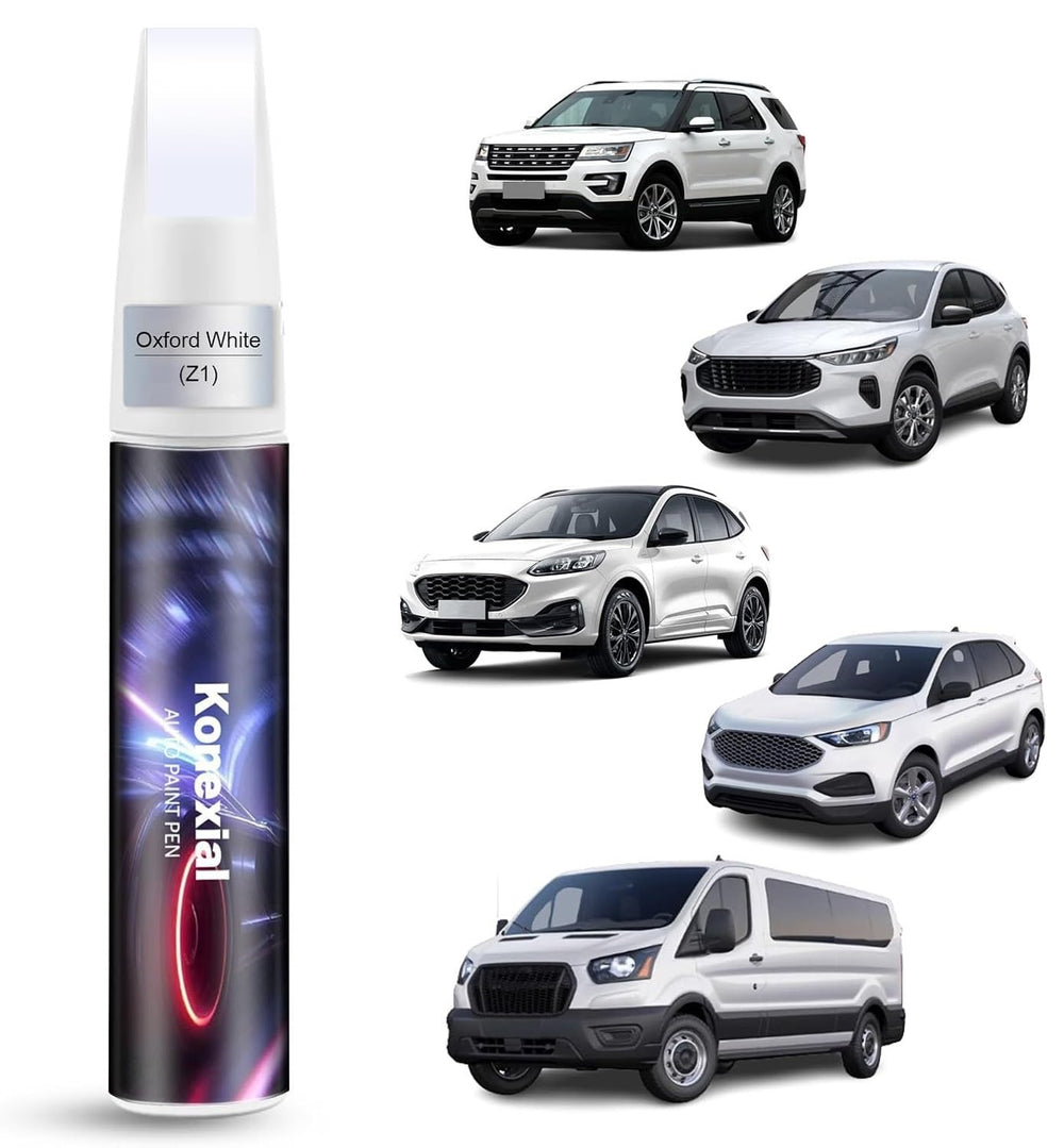 Konexial Oxford White Ford touch-up paint bottle with color-matched finish for blemish concealment.