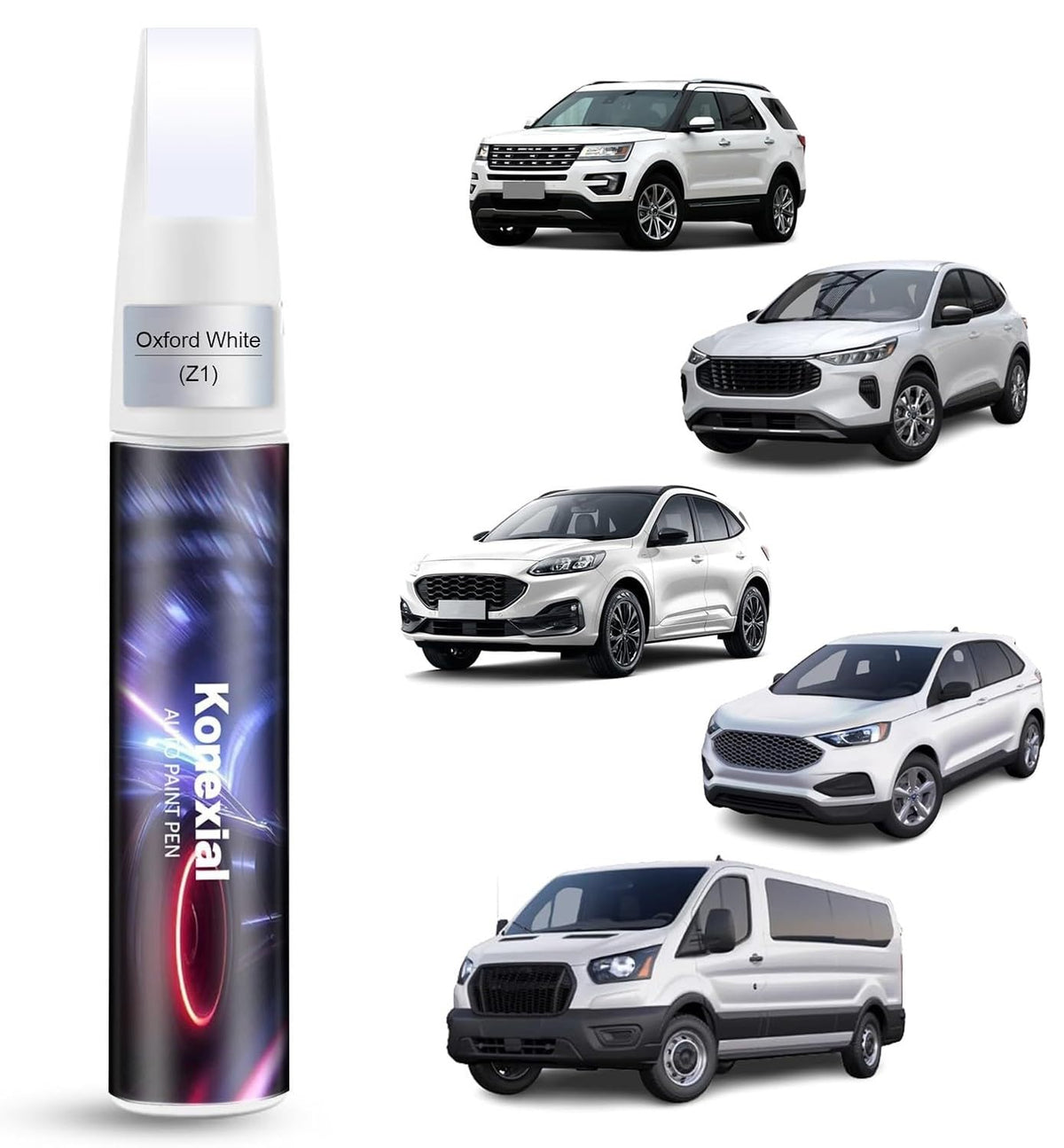 Konexial Oxford White Ford touch-up paint bottle with color-matched finish for blemish concealment.