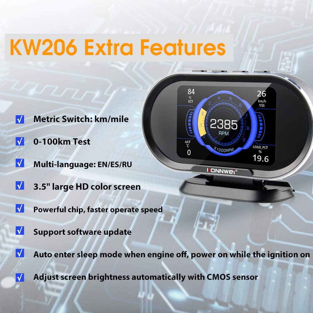 KONNWEI KW206 auto-brightness adjusts for day and night readability.