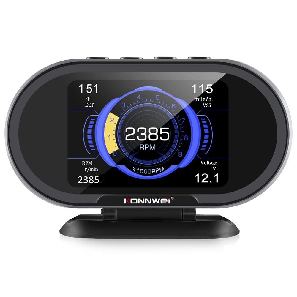 KONNWEI KW206 HUD display shows speed and RPM for quick driving awareness.