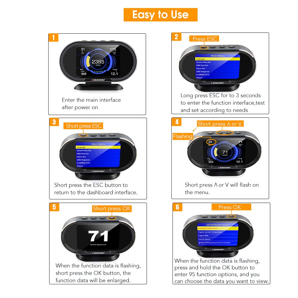 KONNWEI KW206 displays speed and RPM for immediate vehicle insight.