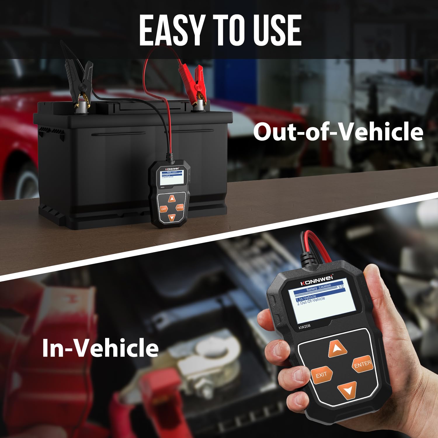 KONNWEI KW208 alternator test shows charging status swiftly.