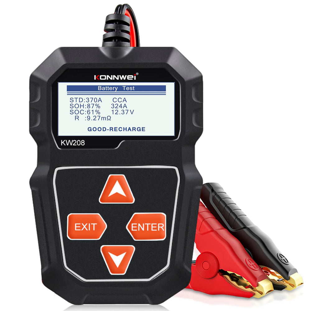 KONNWEI KW208 front panel displays quick battery health readout for easy checks.