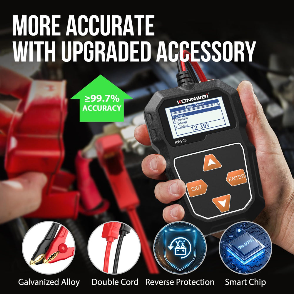 KONNWEI KW208 tests a car battery in-vehicle for on-road diagnostics.