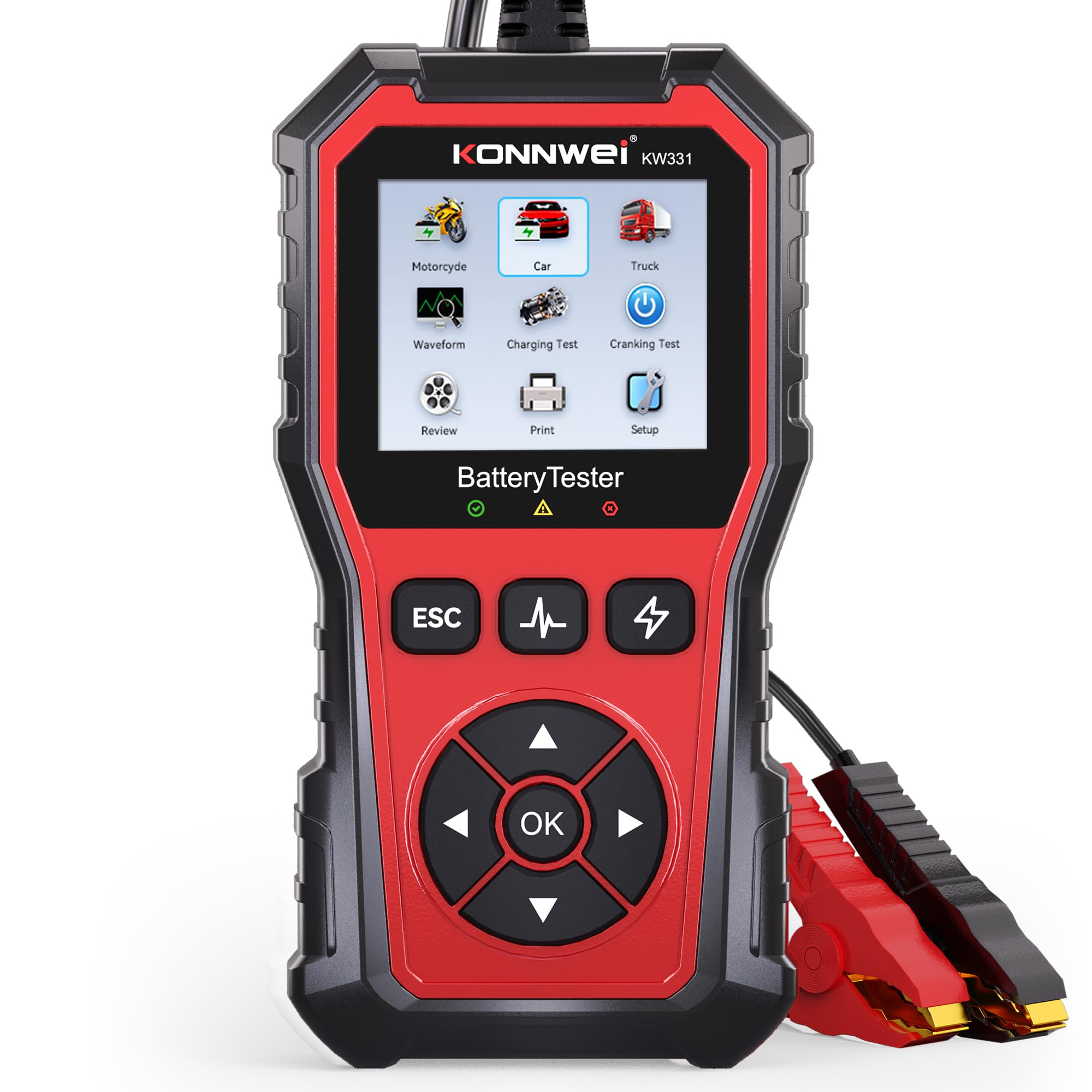 KONNWEI KW331 front view battery tester with clear display and controls