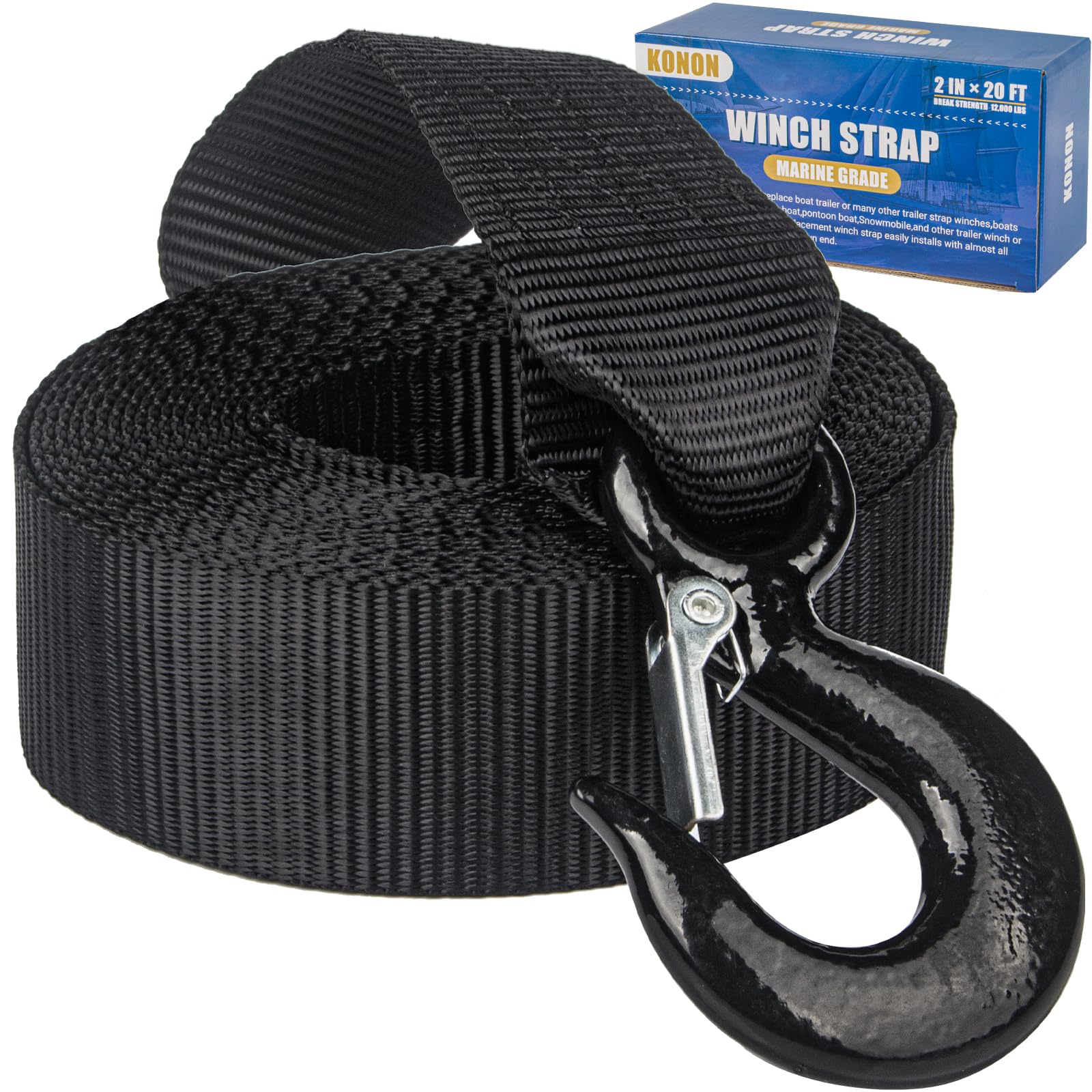 KONON boat trailer winch strap 2in 20ft with safety hook for secure towing