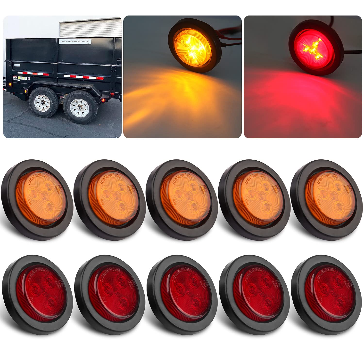 Konrali 2inch red round LED marker light, front view, enhances trailer visibility at night