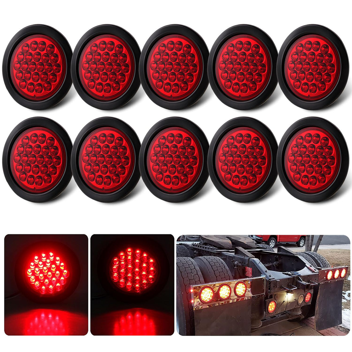 Konrali 4-inch round red LED trailer light lens for high visibility on the road.