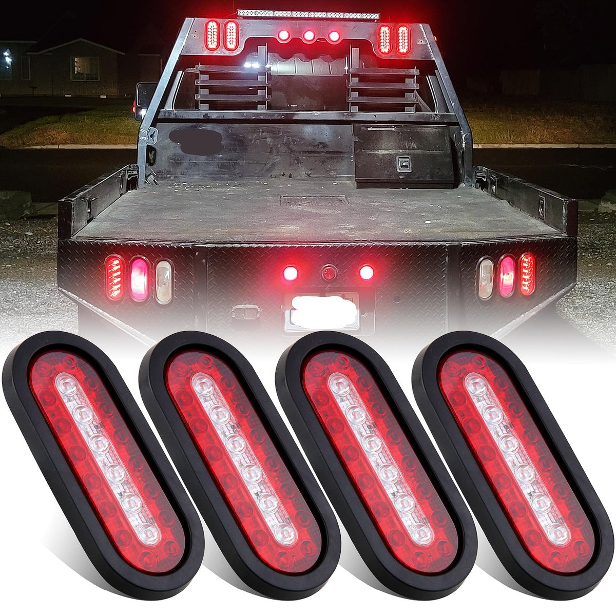 Konrali 4-piece 6-inch oval LED trailer lights with red stop/turn and white backup illumination.