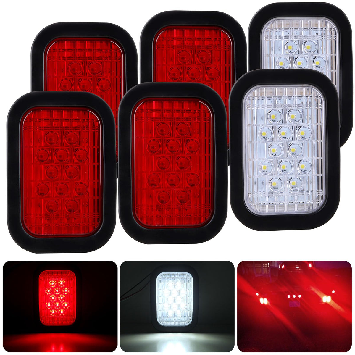 Konrali 6Pcs 5x3 LED tail lights red for enhanced visibility on trucks and trailers.