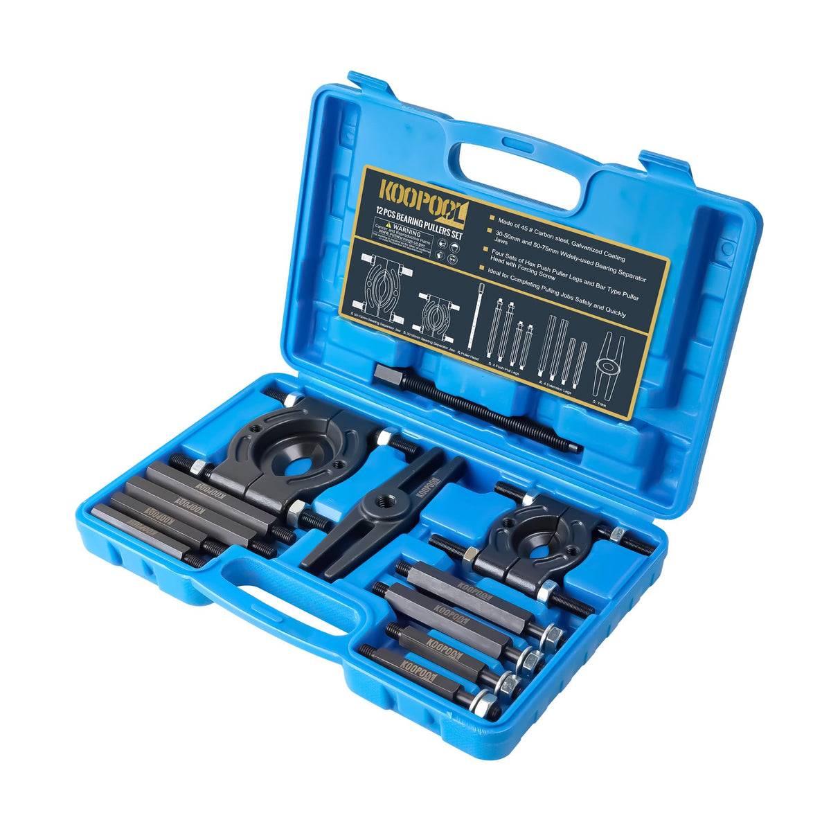 KOOPOOL 12-Piece Bearing Puller set stored in a durable carrying case for easy transport.