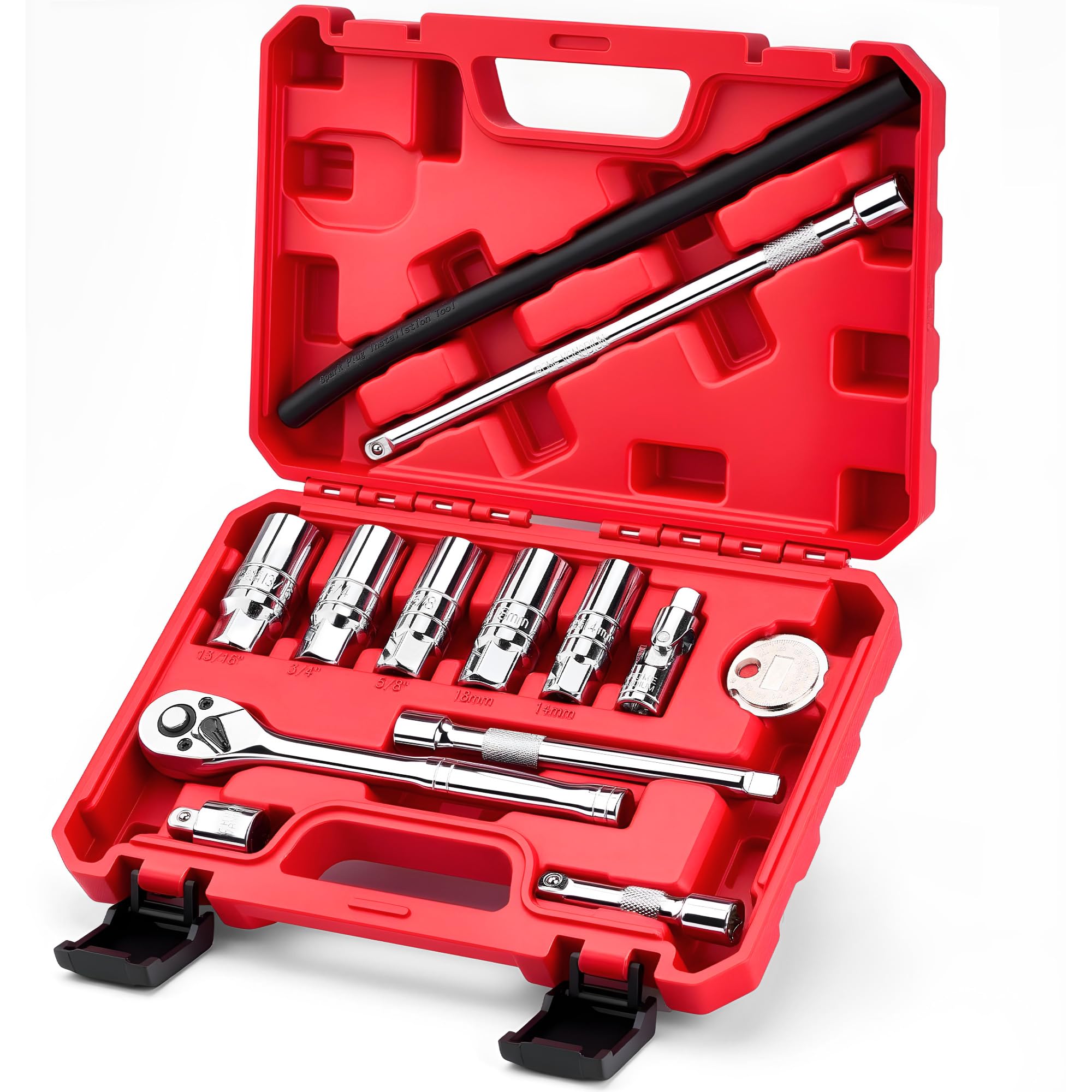 KOOPOOL 13-piece spark plug socket set with installation tube enables precise hand threading.