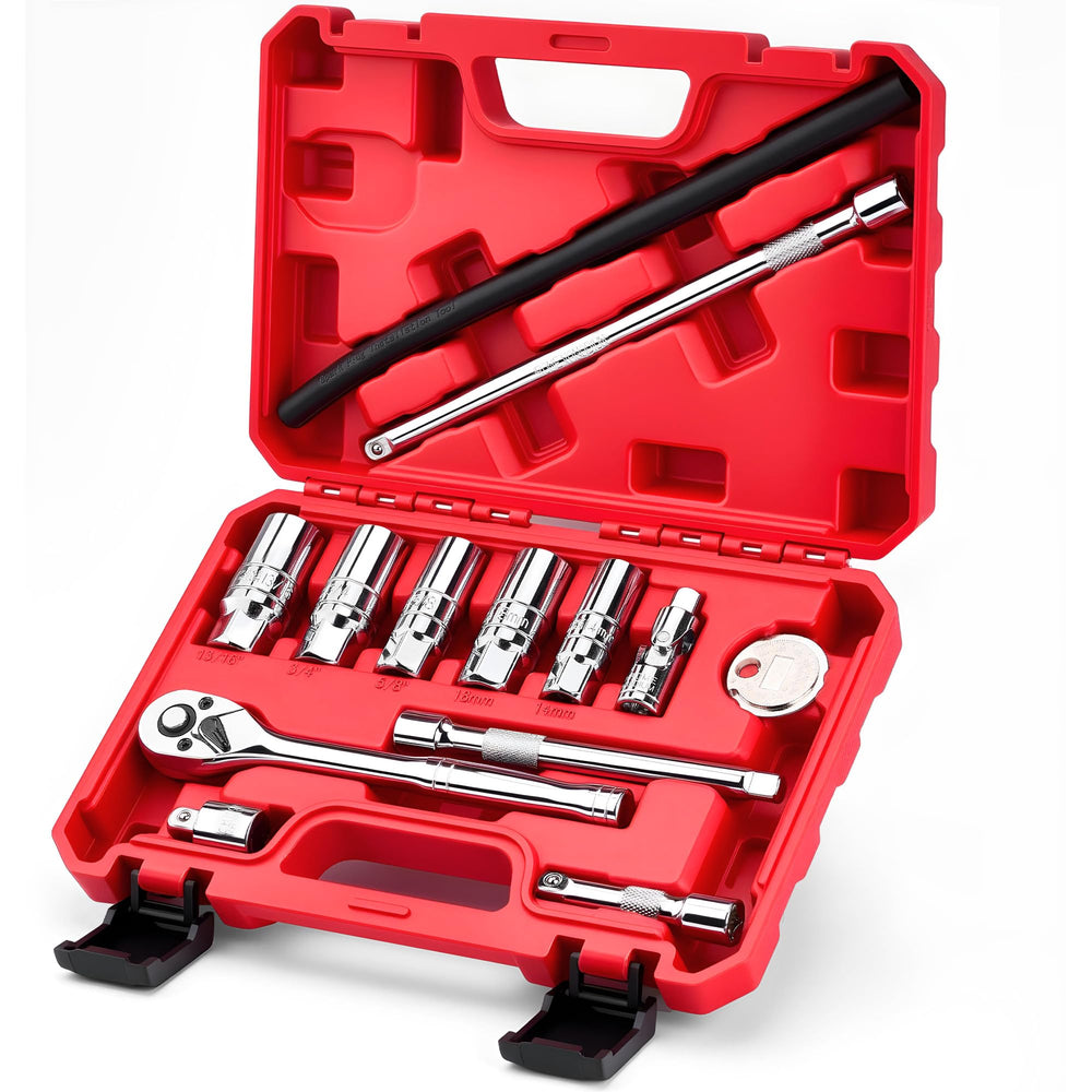 KOOPOOL 13-piece spark plug socket set with installation tube enables precise hand threading.