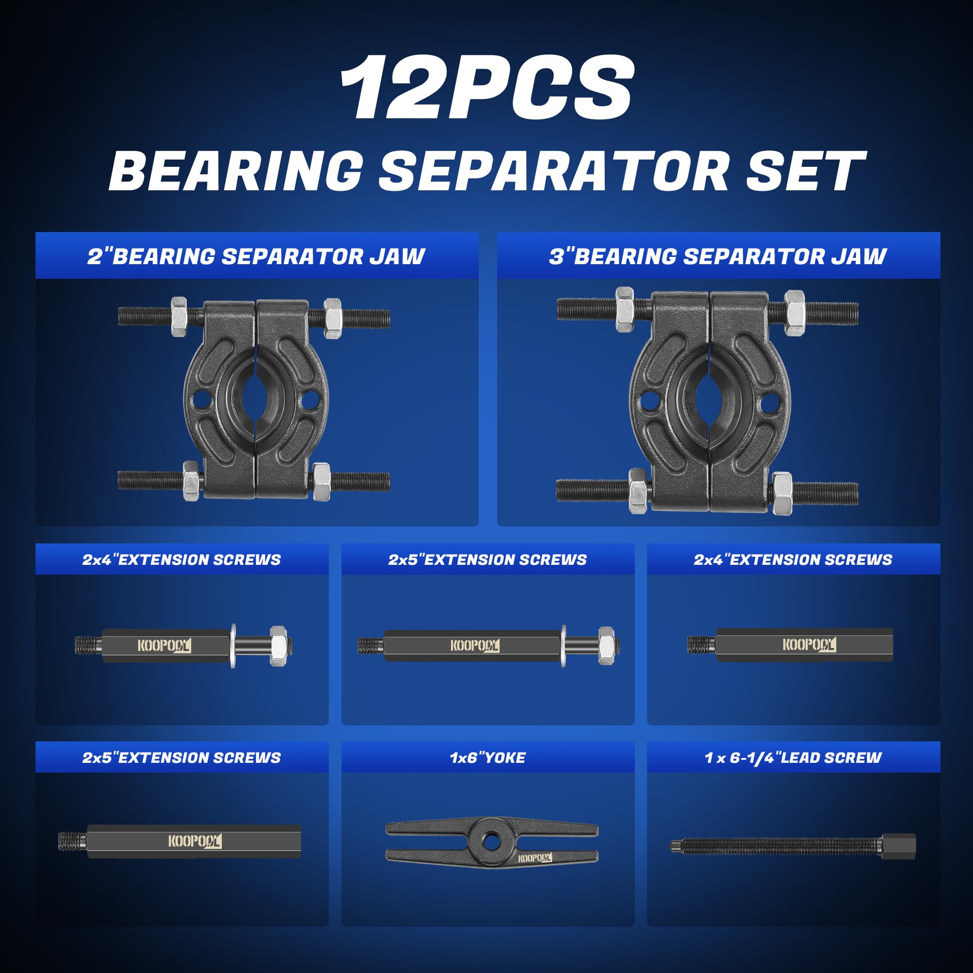 KOOPOOL bearing separator jaws in 2in and 3in sizes enable removal of large or small bearings.
