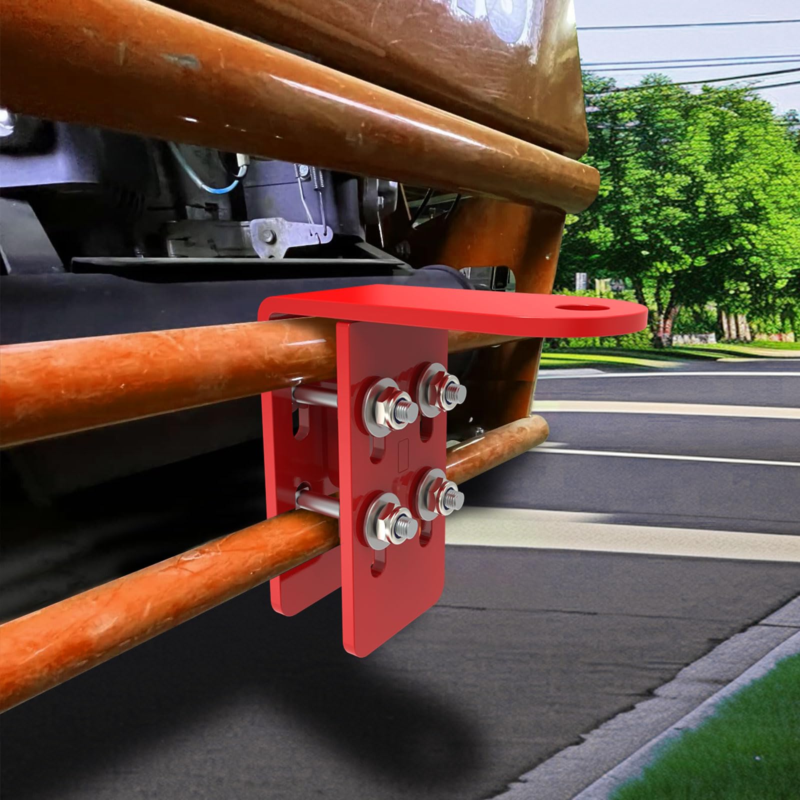 KOPKIO hitch installed securely to avoid bumper-tube damage during towing.
