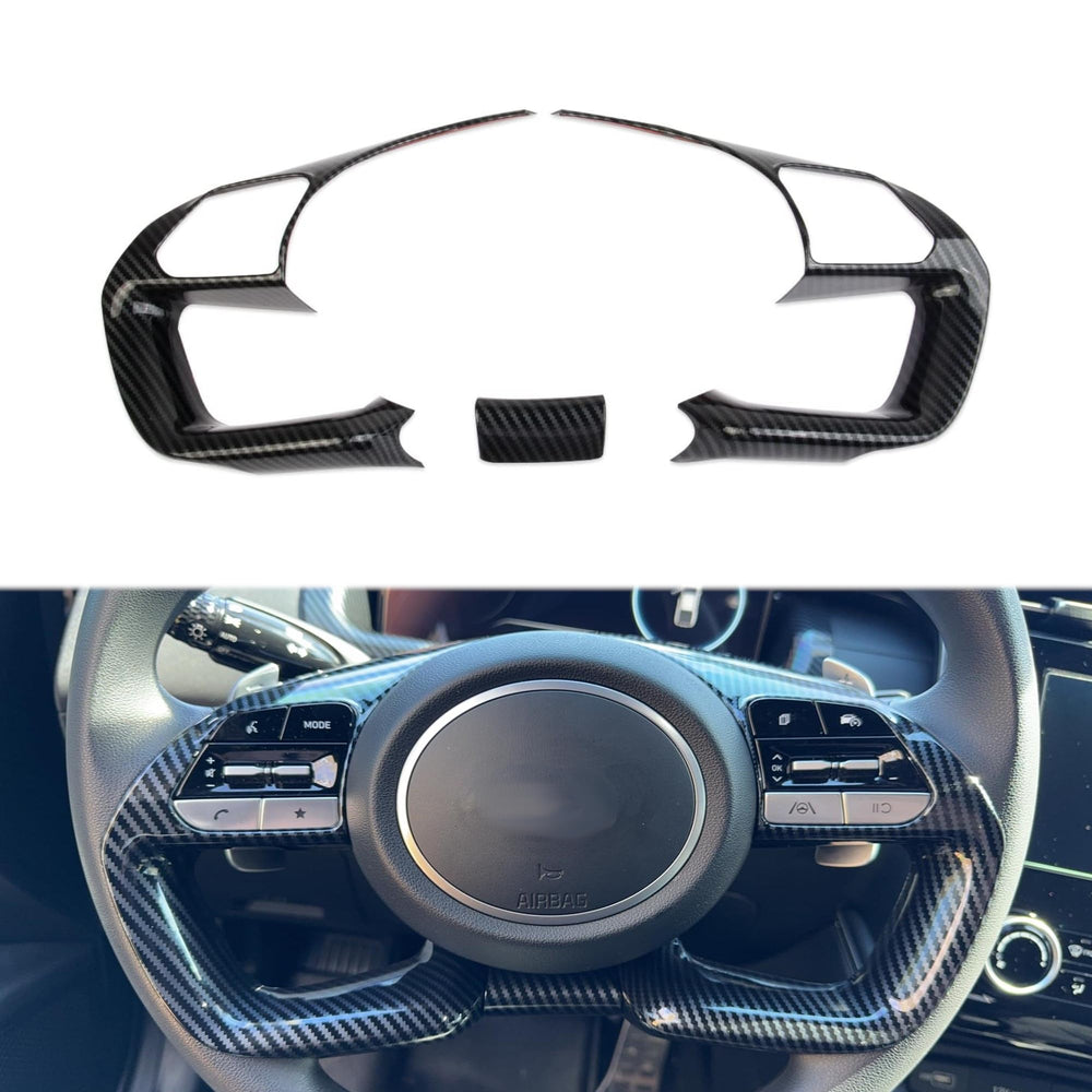 Korlot carbon fiber interior trim for Hyundai Tucson steering wheel close-up showing finish and texture
