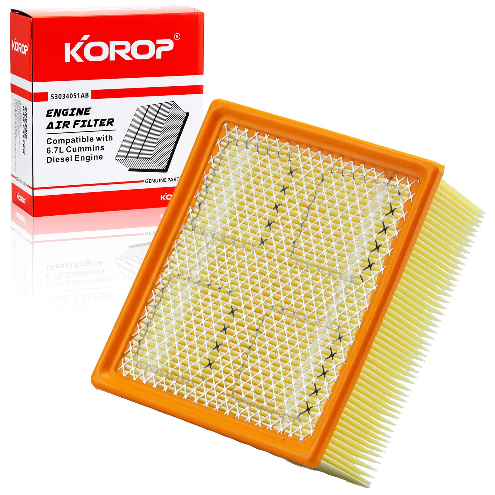 KOROP 6.7 Cummins air filter close-up shows filtration media for cleaner intake.