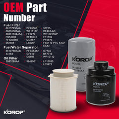 KOROP fuel-water separator set packaging shows ready-to-install replacement for Dodge Cummins