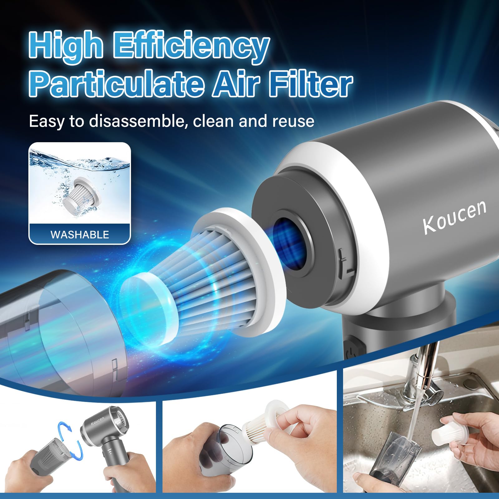 Koucen includes brush nozzle for upholstery and console areas.
