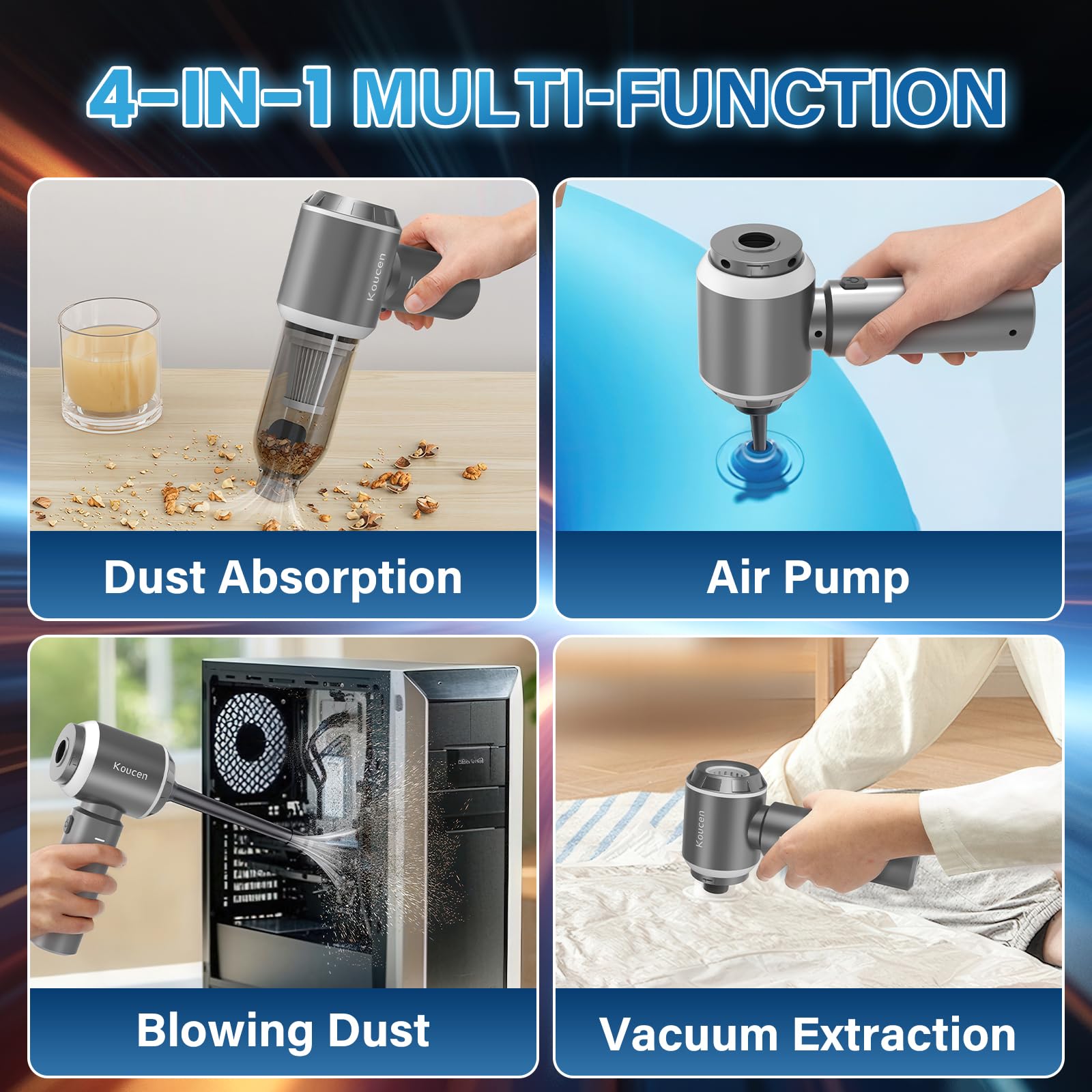 Koucen 4-in-1 car vacuum blowing function clears tight spots.