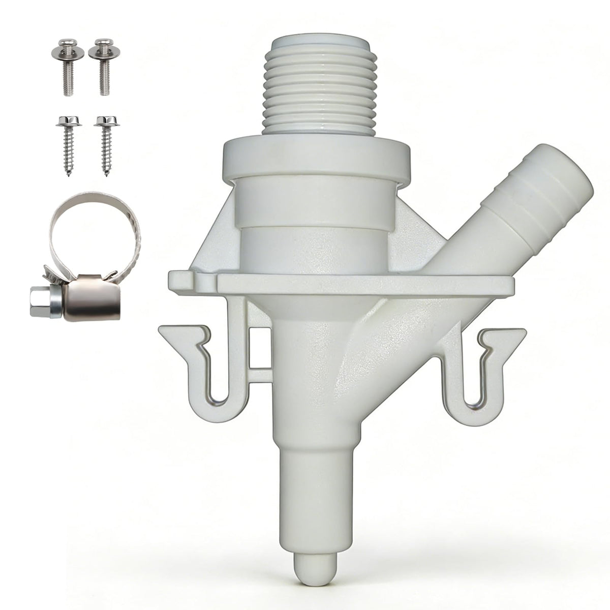KPALAG RV toilet valve close-up shows compatibility with Dometic 300–321 models.