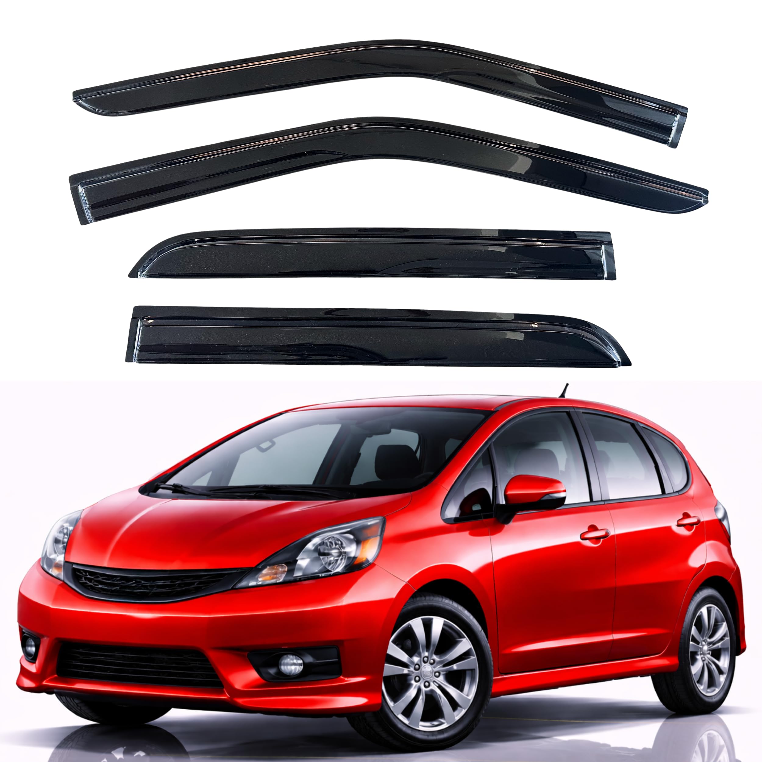 KPY rain guards in out-channel design for Honda Fit 2009–2014 protect cabin from rain while driving.