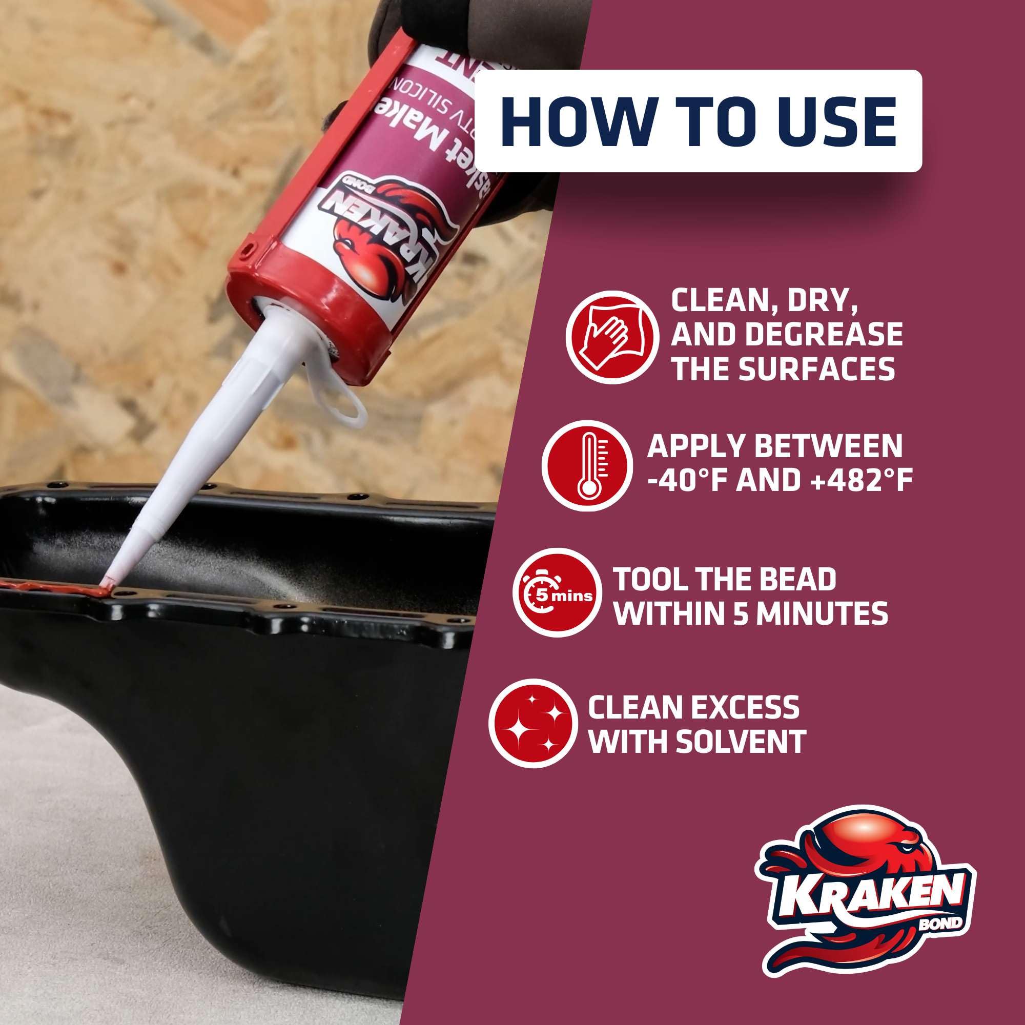 Kraken Bond Red RTV being applied to form an automotive gasket seal
