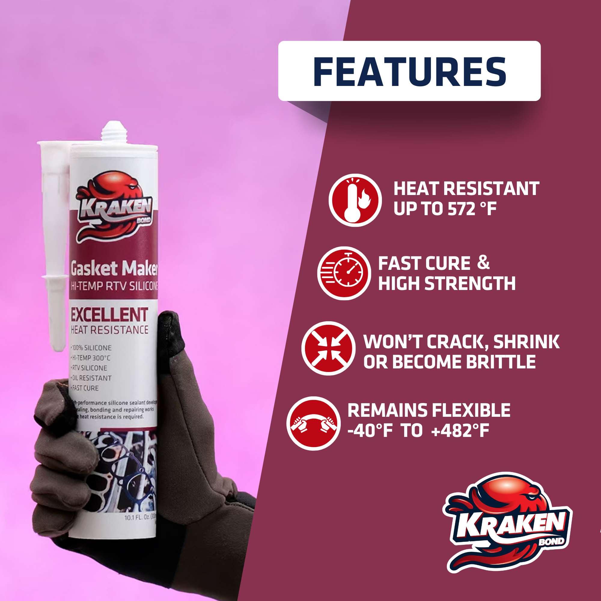 Kraken Bond Red RTV showcases flexible gasket sealing under engine heat