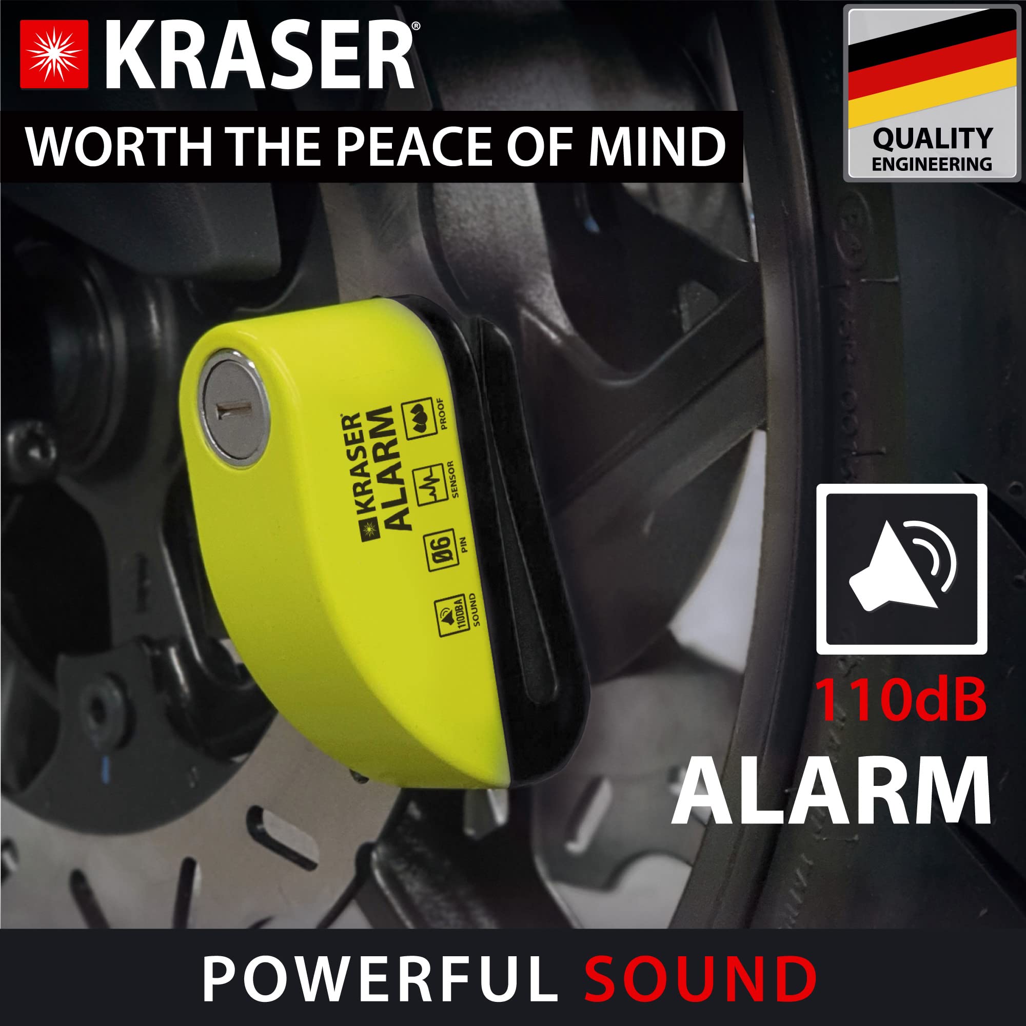 KRASER WA6Y alarm disc lock back view highlighting weatherproof body