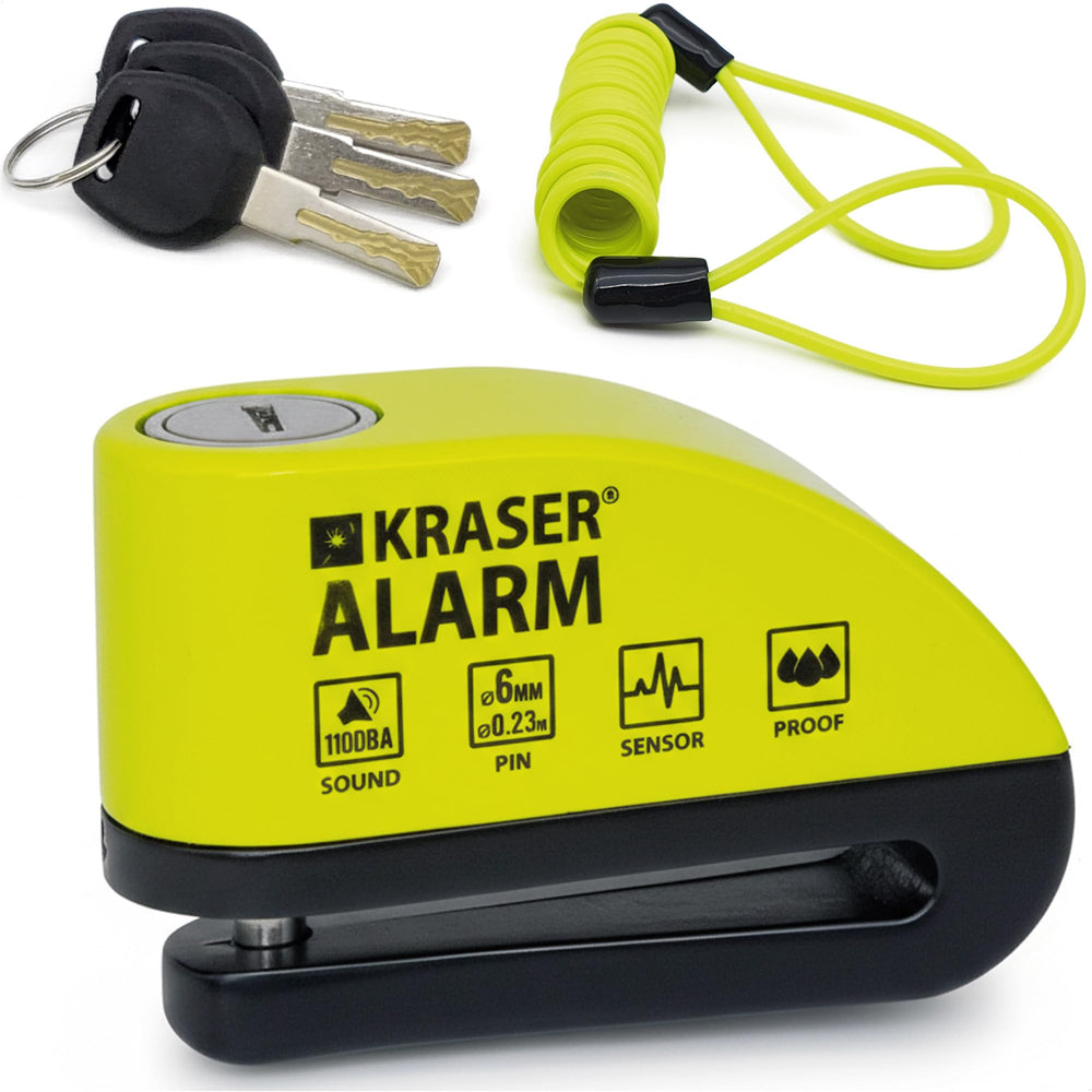KRASER WA6Y alarm disc lock front view showing robust 6 mm shackle for motorcycles