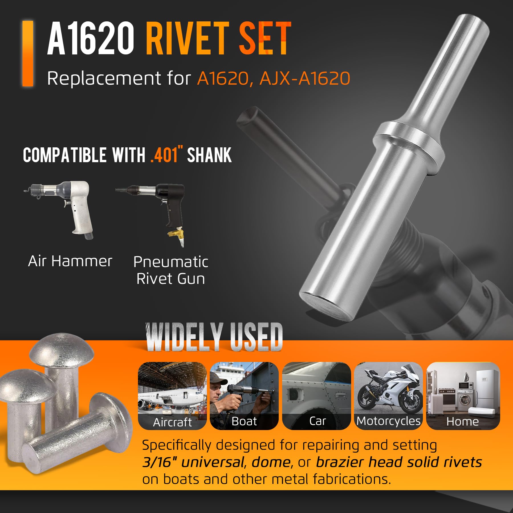 Krenlory A1620 rivet set with 0.401 shank ready for common air hammers.