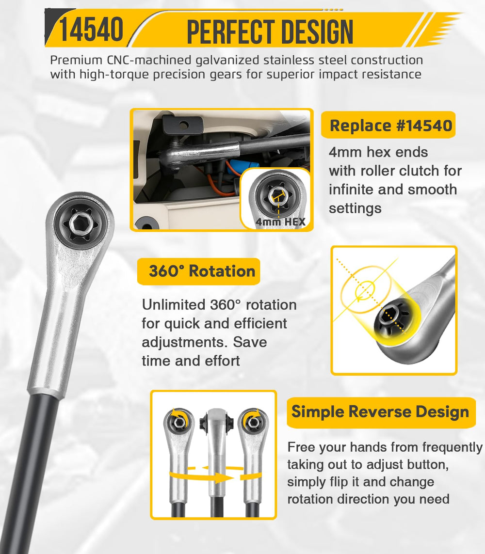 Dual-sided 360-degree ratchet enables smooth tightening during headlight aim adjustments