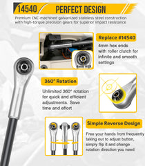 Dual-sided 360-degree ratchet enables smooth tightening during headlight aim adjustments