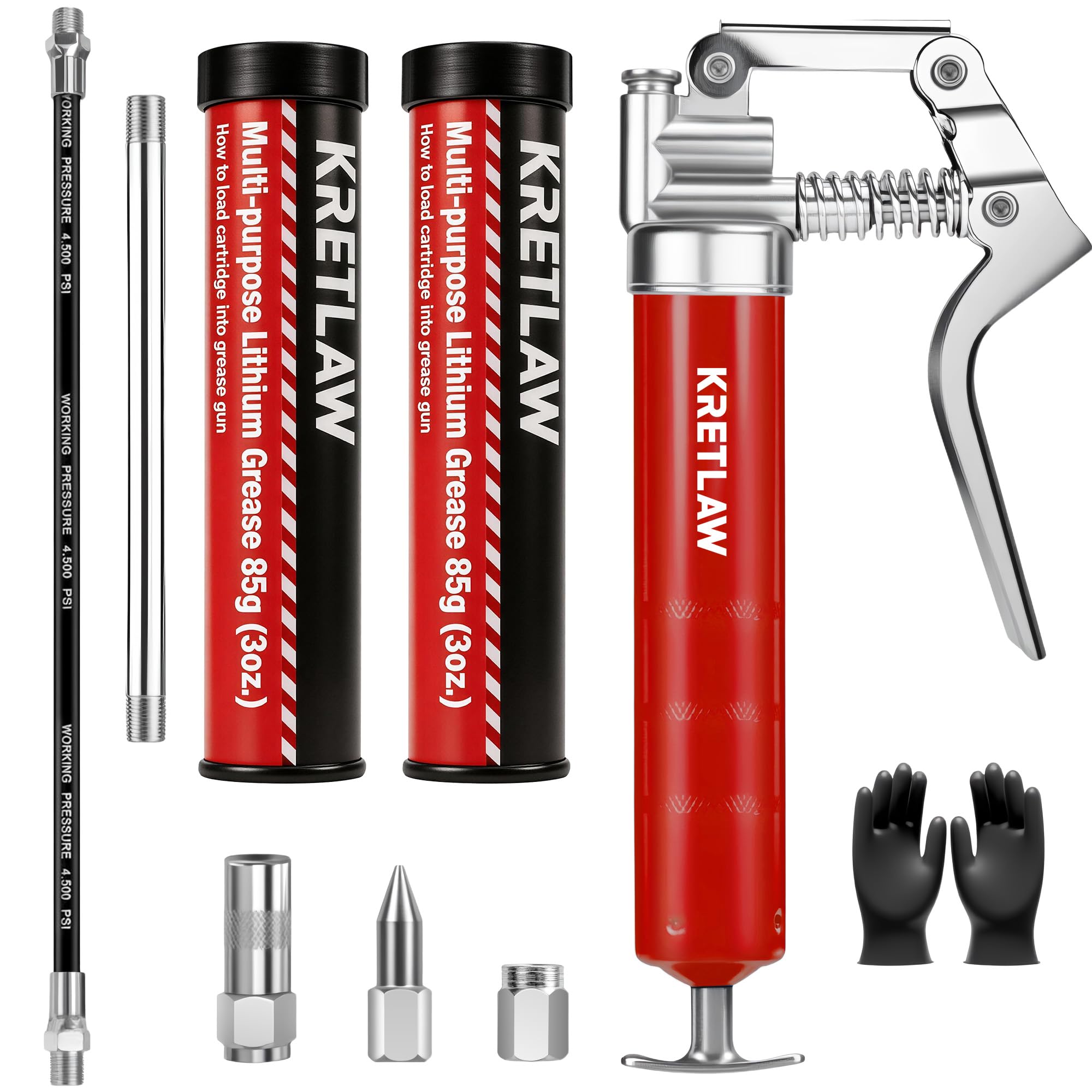 KRETLAW Mini Grease Gun 3000 PSI in durable red aluminum, ideal for automotive work.