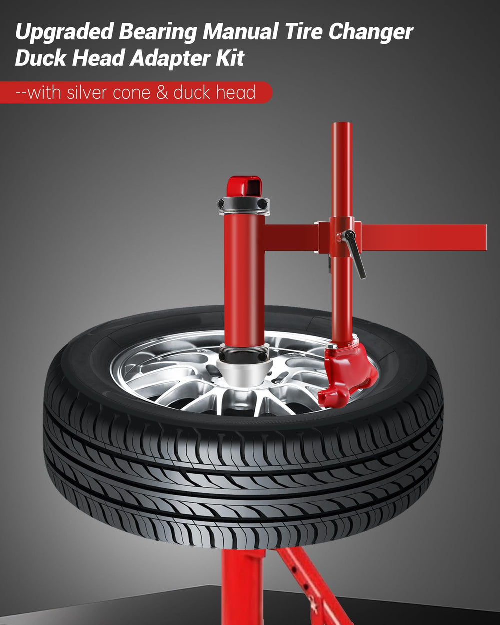 Krysolad silver cone duck head improves alignment during tire disassembly.