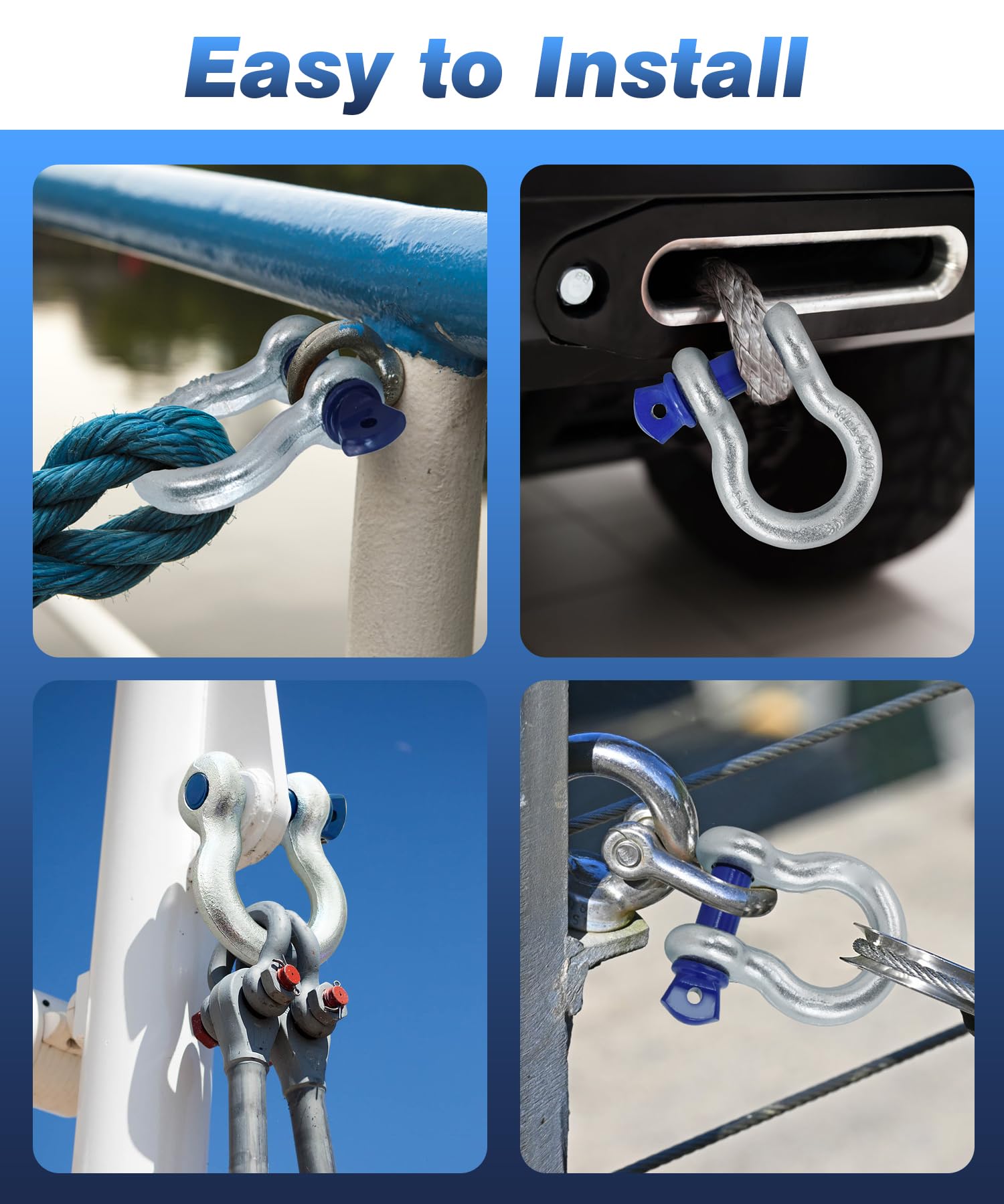 Krytonel shackles compatible with tow straps, ropes, and blocks for versatile recovery