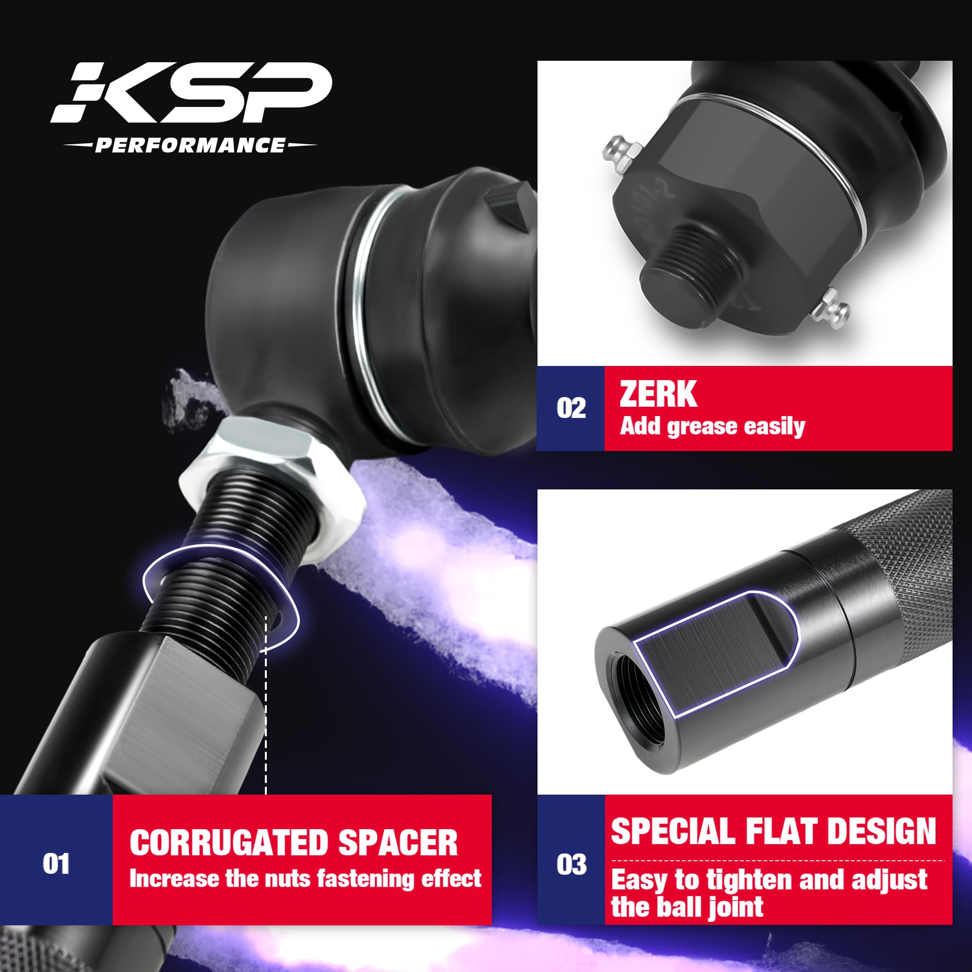 KSP inner-tie-rod close-up emphasizing larger diameter for durability.