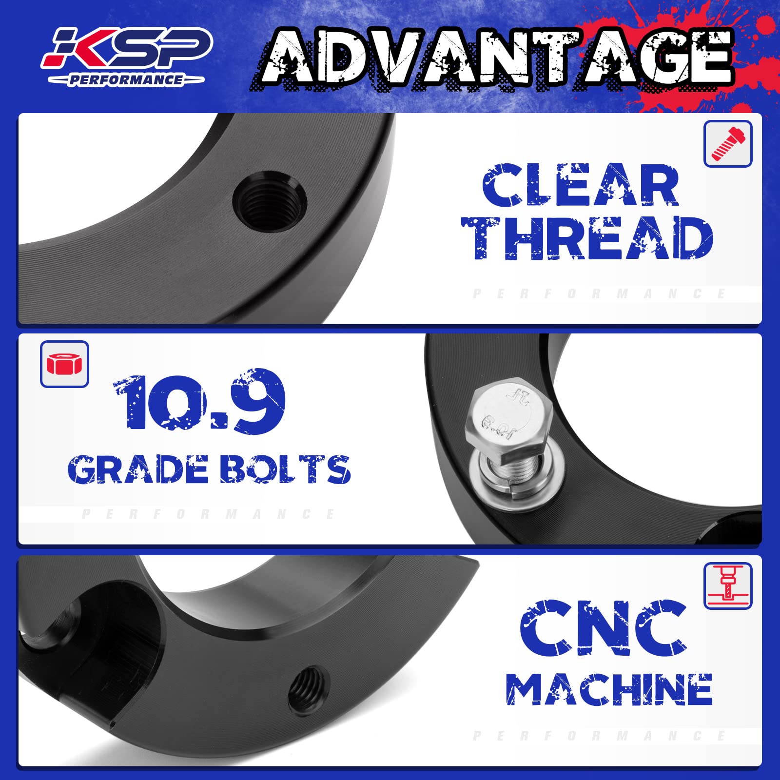 KSP PERFORMANCE black powder-coated finish on spacers resists corrosion.