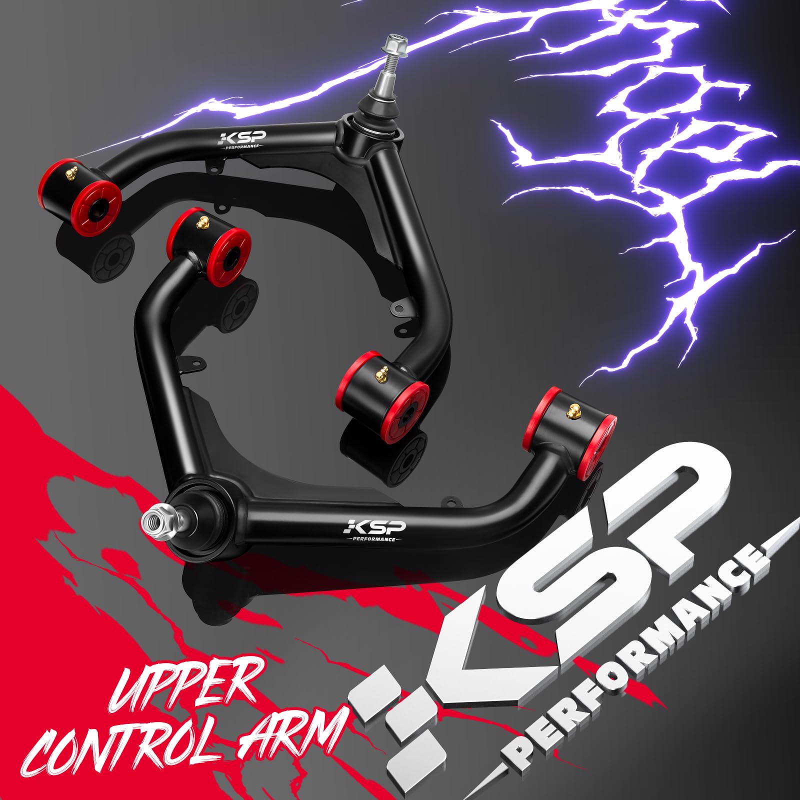 KSP PERFORMANCE CNC-machined finish control arm with red texture for an aggressive look.