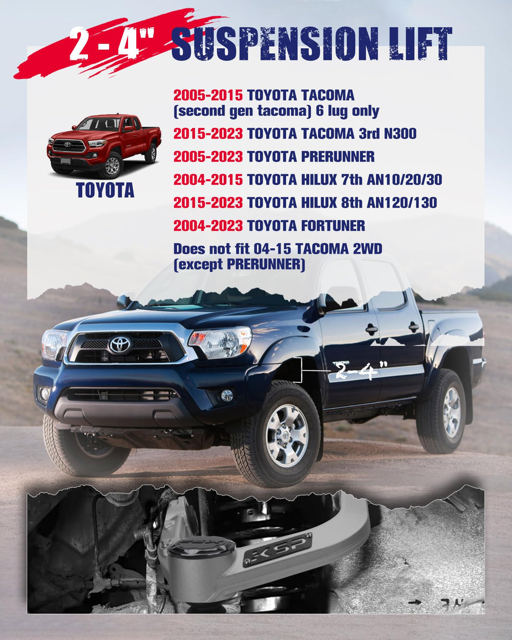 KSP PERFORMANCE forged aluminum UCA side view for Tacoma Hilux improves ride quality