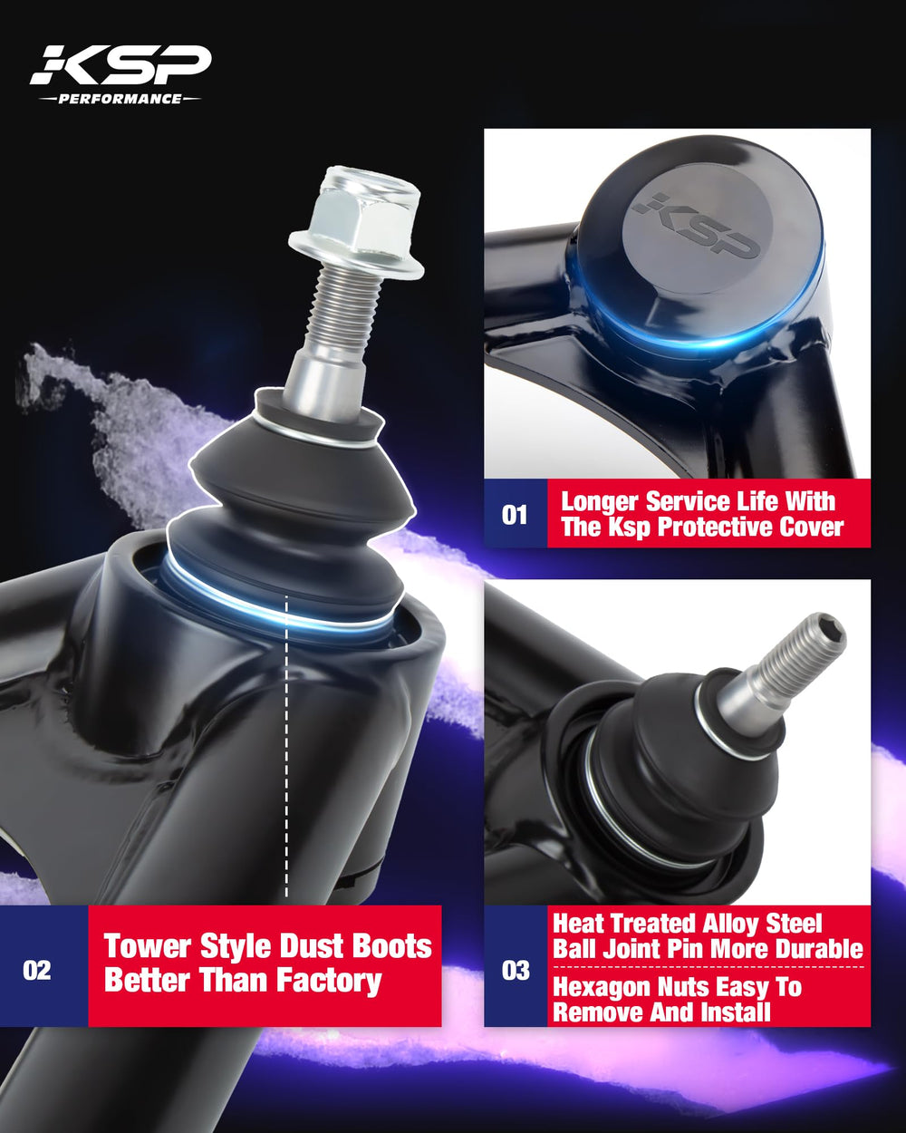 OEM stamped steel and aluminum arm provides balanced support for front suspension.