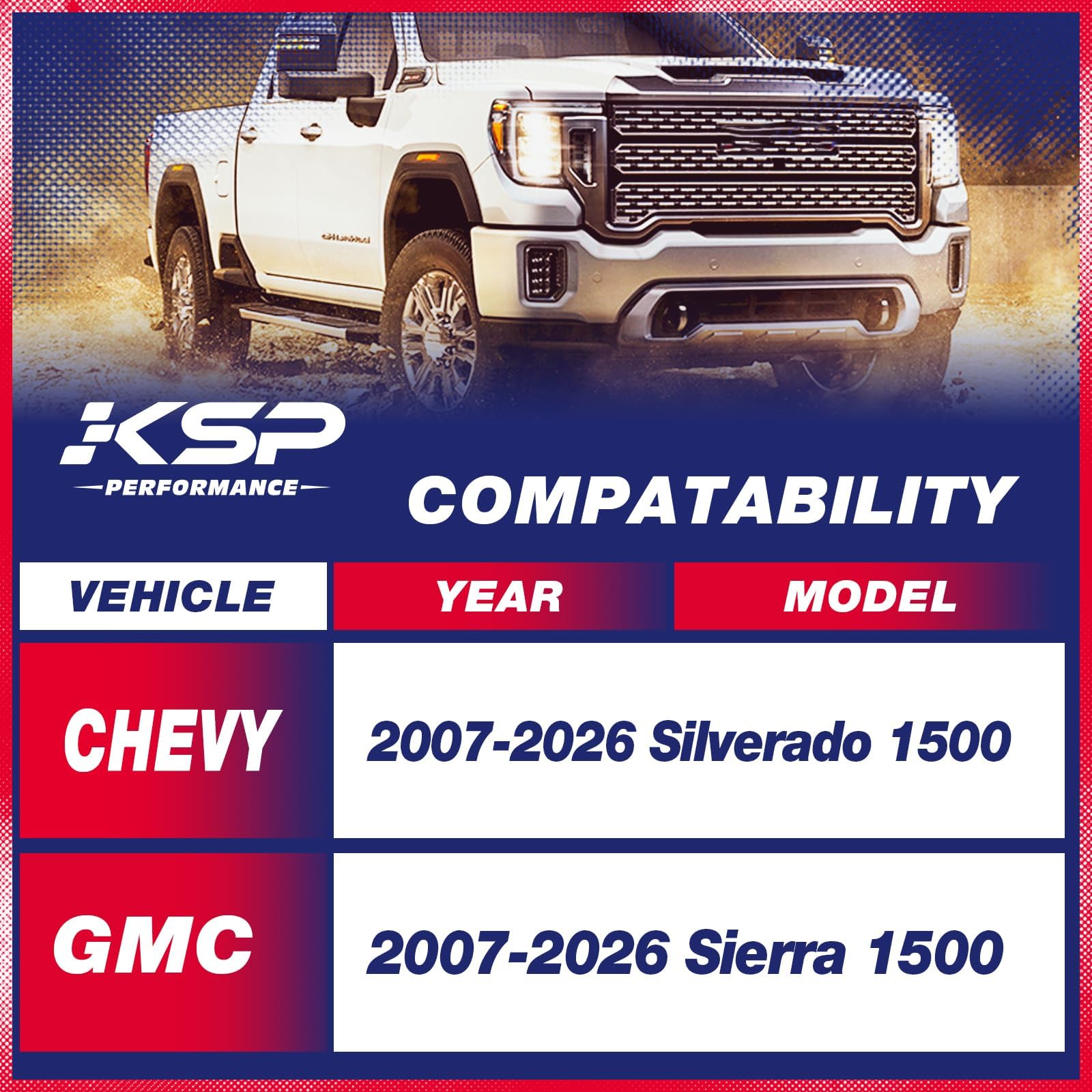 KSP Performance Sierra 3in front leveling kit boosts visual stance and tire fitment options.