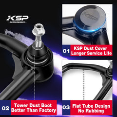 KSP Performance upper control arm for Tahoe 1500, front assembly view, prevents tire rubbing.