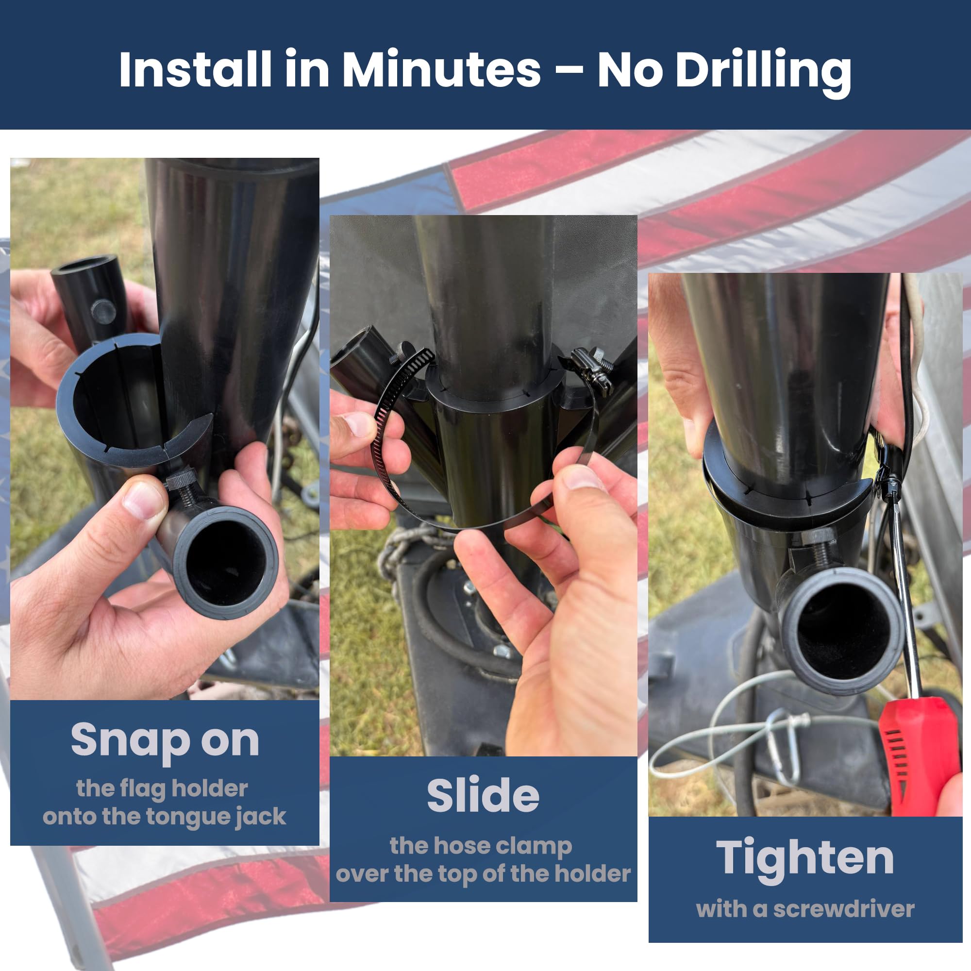 Clip-on no-drill installation on standard tongue jack tubes.
